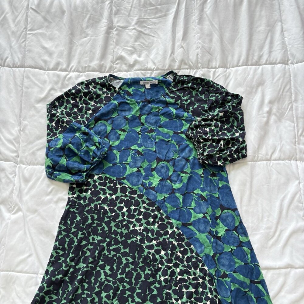 Chico's Midi Dress Womens Medium Geometric Green Black Spotted 3/4 Sleeve Silk - Picture 2 of 8